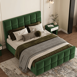 Thessaly Modern Upholstered Double Bed Frame – Wooden Structure with Soft Flannelette Finish, Contemporary Platform Bed for Bedroom, Dark Green & Black - Sleek Furniture