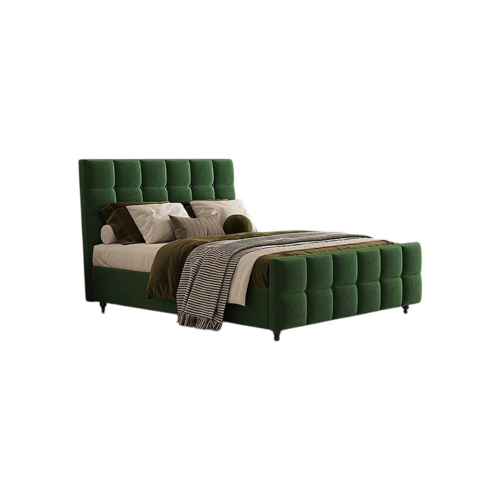 Thessaly Modern Upholstered Double Bed Frame – Wooden Structure with Soft Flannelette Finish, Contemporary Platform Bed for Bedroom, Dark Green & Black - Sleek Furniture