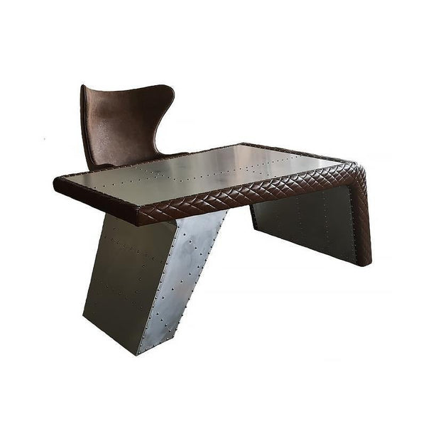 Timothy Oulton Aviator Aviation Aluminium Office Desk with PU Leather Finish – Contemporary Modern Executive Writing Desk (Silver) - Sleek Furniture