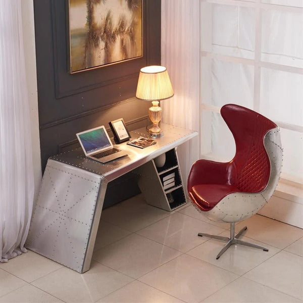 Timothy Oulton Aviator Aviation Aluminium Office Desk with PU Leather Finish – Contemporary Modern Executive Writing Desk (Silver) - Sleek Furniture