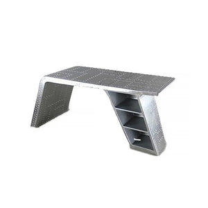 Timothy Oulton Aviator Aviation Aluminium Office Desk with PU Leather Finish – Contemporary Modern Executive Writing Desk (Silver) - Sleek Furniture