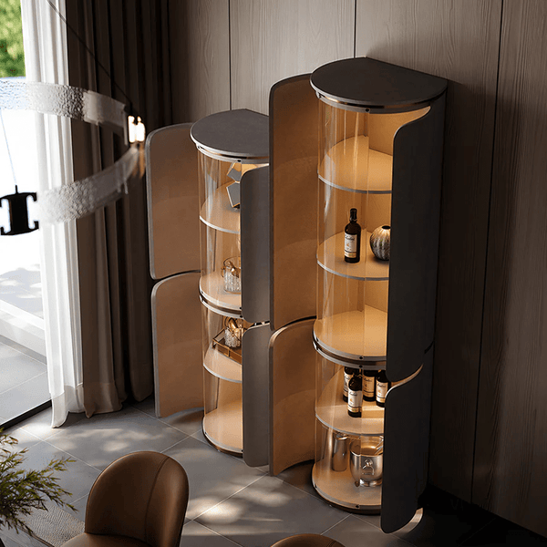 Triton Corner Wine Rack & Drinks Cabinet – PU Leather Wine Storage Unit with Glass Display, Stainless Steel Accents, Modern Home Bar Furniture - Sleek Furniture