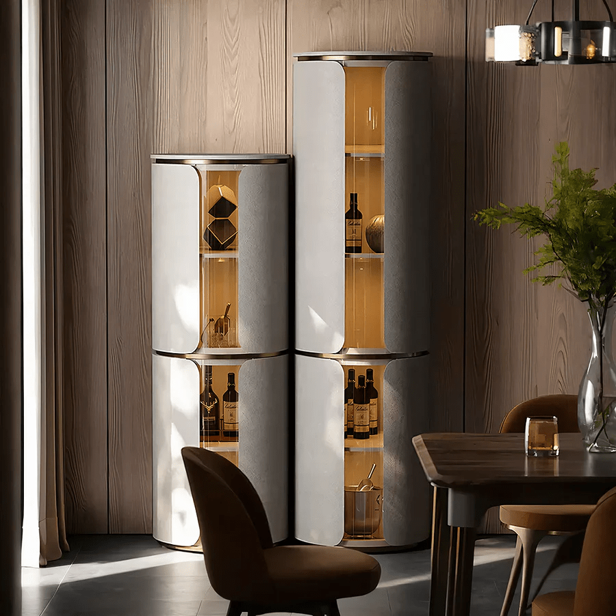 Triton Corner Wine Rack & Drinks Cabinet – PU Leather Wine Storage Unit with Glass Display, Stainless Steel Accents, Modern Home Bar Furniture - Sleek Furniture