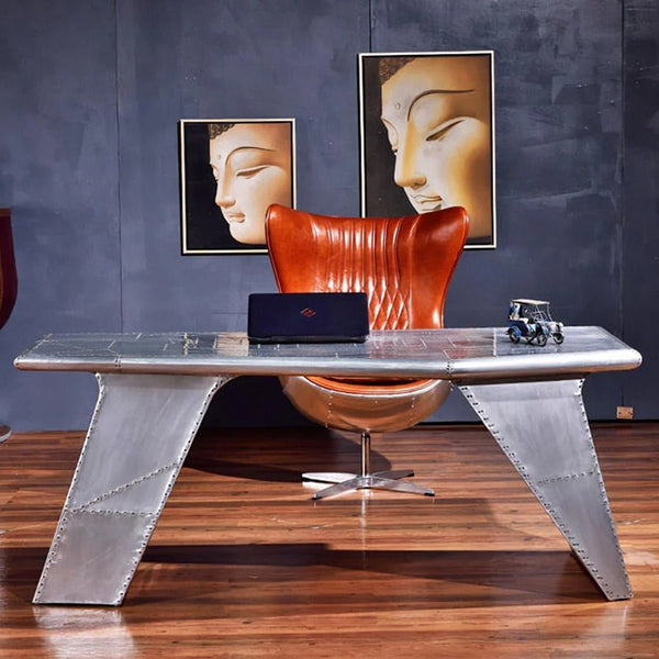 U8 Aviator Aluminium Office Desk – Contemporary Aviation Style Desk, Silver Finish, Modern Industrial Workspace Table (No Assembly Required) - Sleek Furniture