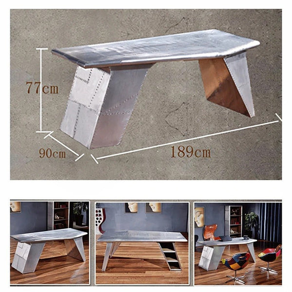U8 Aviator Aluminium Office Desk – Contemporary Aviation Style Desk, Silver Finish, Modern Industrial Workspace Table (No Assembly Required) - Sleek Furniture