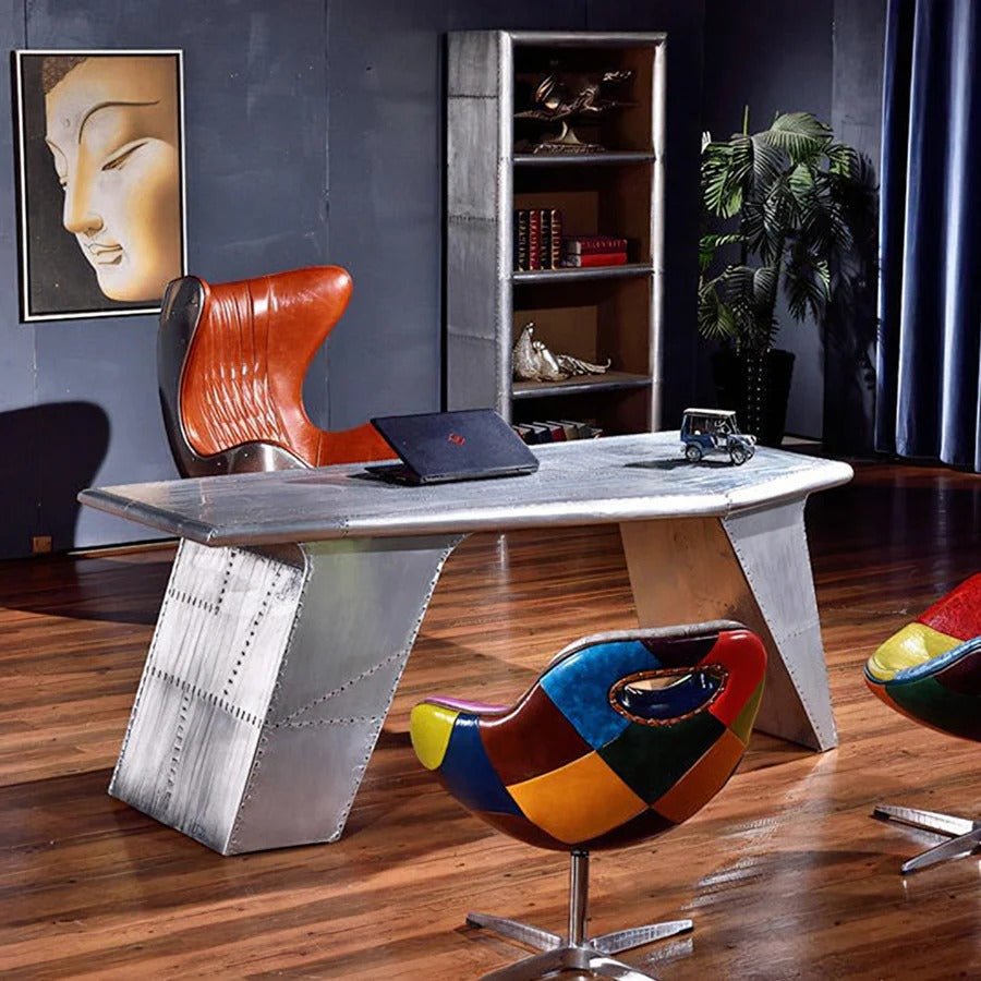 U8 Aviator Aluminium Office Desk – Contemporary Aviation Style Desk, Silver Finish, Modern Industrial Workspace Table (No Assembly Required) - Sleek Furniture