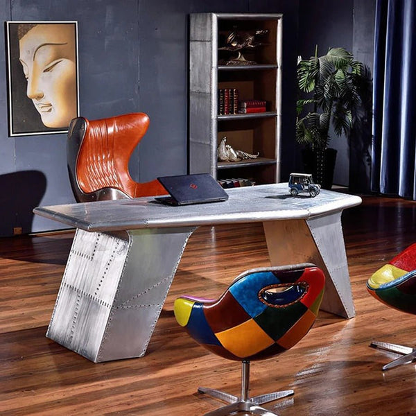 U8 Aviator Aluminium Office Desk – Contemporary Aviation Style Desk, Silver Finish, Modern Industrial Workspace Table (No Assembly Required) - Sleek Furniture