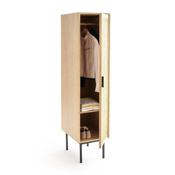 Uno G4 Single Rattan Wardrobe – Oak Finish Wooden & Metal Frame Storage Cabinet with Natural Rattan Doors | Contemporary Bedroom Closet Furniture - Sleek Furniture