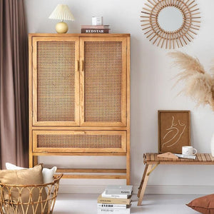 Uno G9 Rattan Sideboard – Modern Storage Cabinet, Bookcase & Wardrobe Unit, Wooden Rattan Door Console with Shelving, Oak & Black Finish - Sleek Furniture