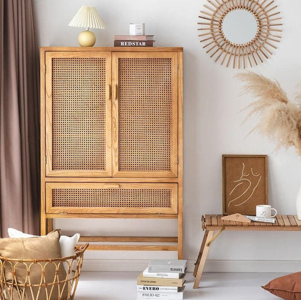 Uno G9 Rattan Sideboard – Modern Storage Cabinet, Bookcase & Wardrobe Unit, Wooden Rattan Door Console with Shelving, Oak & Black Finish - Sleek Furniture