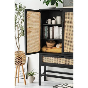 Uno G9 Rattan Sideboard – Modern Storage Cabinet, Bookcase & Wardrobe Unit, Wooden Rattan Door Console with Shelving, Oak & Black Finish - Sleek Furniture