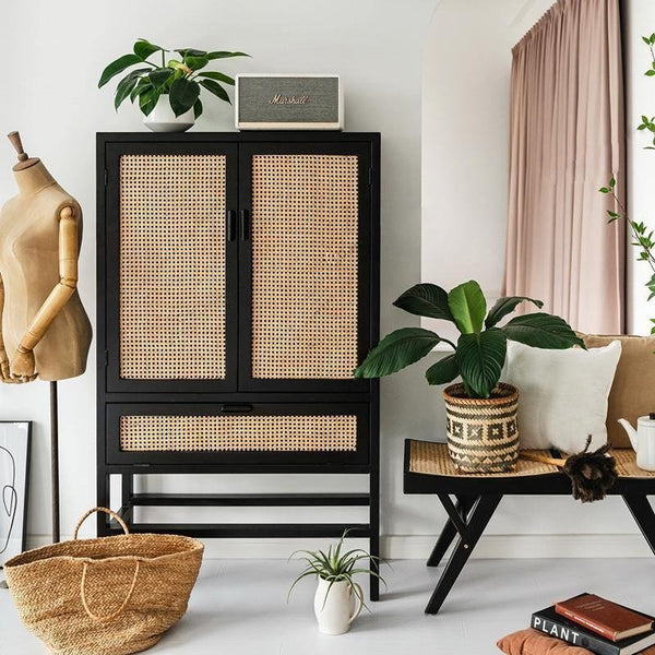 Uno G9 Rattan Sideboard – Modern Storage Cabinet, Bookcase & Wardrobe Unit, Wooden Rattan Door Console with Shelving, Oak & Black Finish - Sleek Furniture