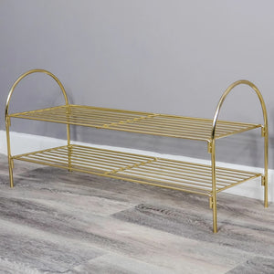 Gold Shoe Rack - Front View:
Luxury gold metal shoe rack organizer with multi-tier storage shelves