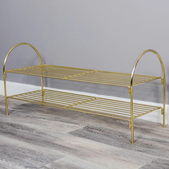 Gold Shoe Rack - Front View:
Luxury gold metal shoe rack organizer with multi-tier storage shelves