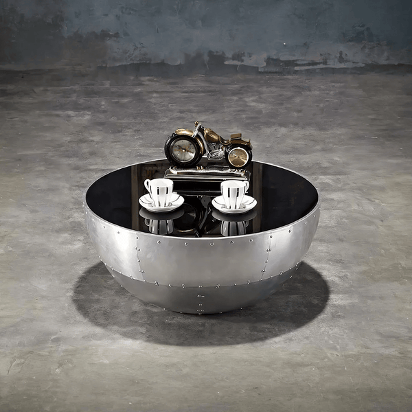 V2 Aviator Round Coffee Table – Modern Silver Aluminium & Glass Centre Table | Contemporary Living Room Coffee Table | No Assembly Required - Sleek Furniture