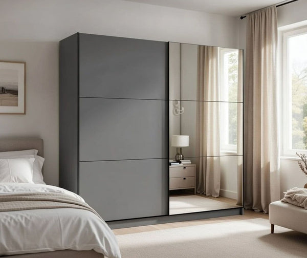 Valentina Grey 220cm Sliding Wardrobe with Mirror – 2-Door Graphite Grey Storage Cabinet for Bedroom - My Store