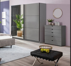 Valentina Grey 220cm Sliding Wardrobe with Mirror – 2-Door Graphite Grey Storage Cabinet for Bedroom - My Store