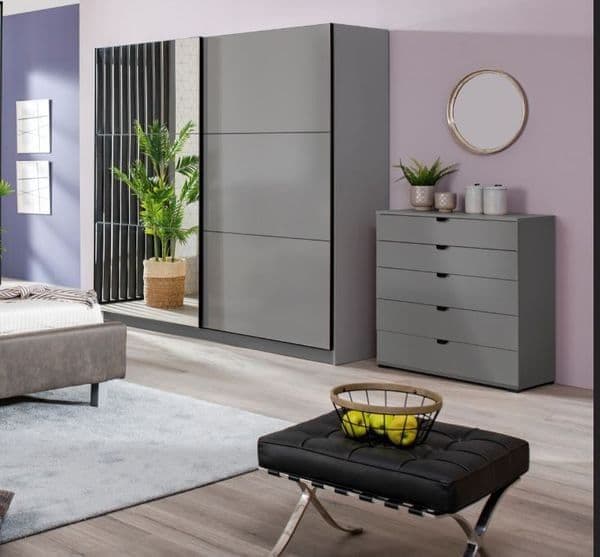 Valentina Grey 220cm Sliding Wardrobe with Mirror – 2-Door Graphite Grey Storage Cabinet for Bedroom - My Store