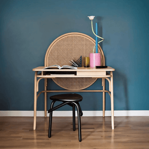 Vallee Rattan Office Desk with Storage – Modern Wooden Workstation Table with Rattan Detailing, Side Storage & Spacious Tabletop – Oak & Black Finish Home Office Study Desk - Sleek Furniture