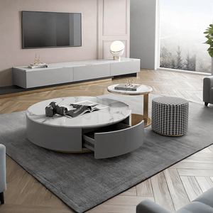 Valles Nesting Coffee Table Set | Contemporary Sintered Stone & MDF 2-Piece Modern Living Room Tables | Grey Finish Space-Saving Design - Sleek Furniture