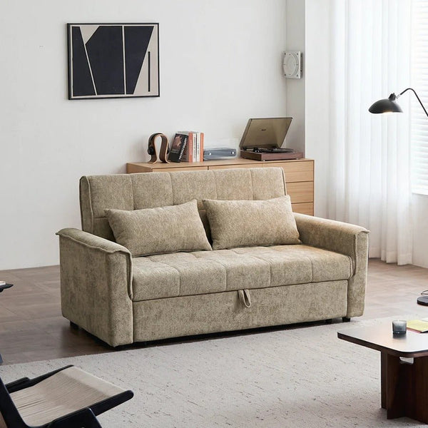 Vanta Two Seater Sofa Bed – Compact Chenille 2-Seater Sleeper Sofa, Modern Fold-Out Sofa Bed in Warm Beige/Taupe Greige – Space Saving Small Sofa Bed for Living Room & Guest Room - Sleek Furniture