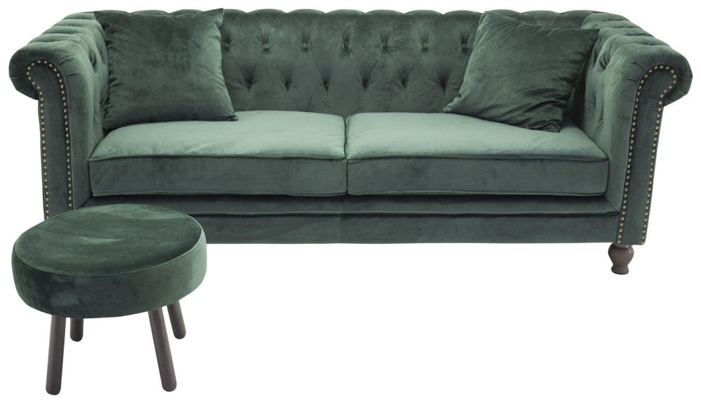 Velvet 3-Seater Sofa in Green | Chesterfield-Style Elegant Velvet Sofa