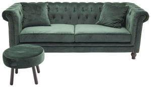 Velvet 3-Seater Sofa in Green | Chesterfield-Style Elegant Velvet Sofa