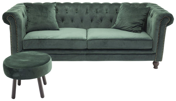 Velvet 3-Seater Sofa in Green | Chesterfield-Style Elegant Velvet Sofa