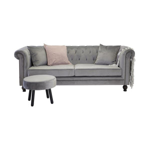 Velvet 3-Seater Sofa in Light Grey | Chesterfield-Style Elegant Velvet Sofa