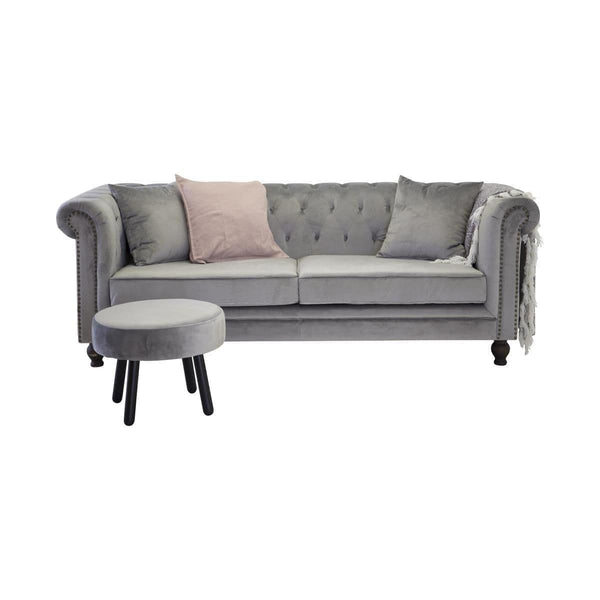 Velvet 3-Seater Sofa in Light Grey | Chesterfield-Style Elegant Velvet Sofa