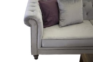Velvet 3-Seater Sofa in Light Grey | Chesterfield-Style Elegant Velvet Sofa