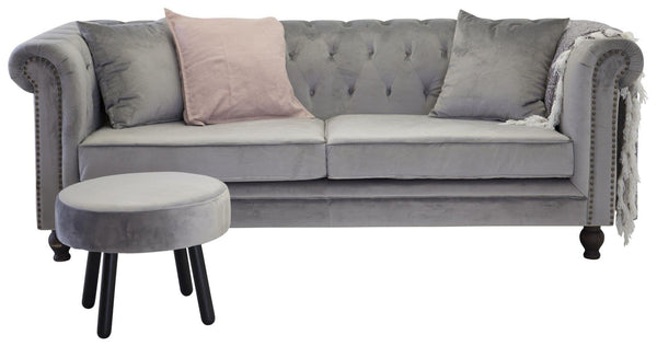 Velvet 3-Seater Sofa in Light Grey | Chesterfield-Style Elegant Velvet Sofa