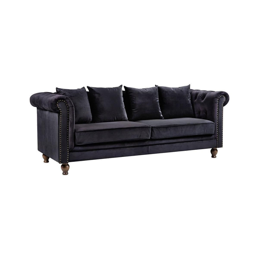 Velvet 3-Seater Sofa in Black Sammet | Chesterfield-Style Luxurious Velvet Sofa