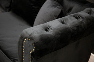 Velvet 3-Seater Sofa in Black Sammet | Chesterfield-Style Luxurious Velvet Sofa