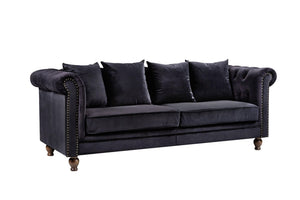 Velvet 3-Seater Sofa in Black Sammet | Chesterfield-Style Luxurious Velvet Sofa