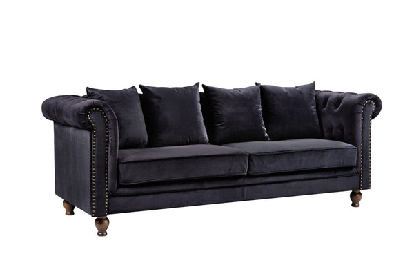 Velvet 3-Seater Sofa in Black Sammet | Chesterfield-Style Luxurious Velvet Sofa