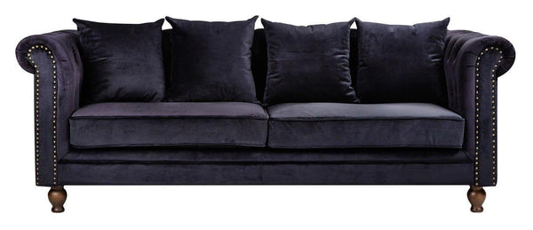 Velvet 3-Seater Sofa in Black Sammet | Chesterfield-Style Luxurious Velvet Sofa