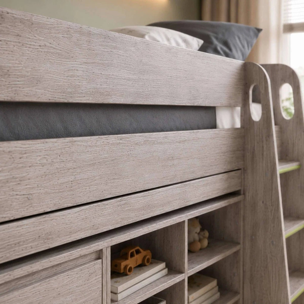 Vespa Grey Oak Mid Sleeper Bed with Integrated Desk, Storage Drawers, Shelving & Staircase - Sleek Furniture