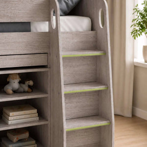 Vespa Grey Oak Mid Sleeper Bed with Integrated Desk, Storage Drawers, Shelving & Staircase - Sleek Furniture