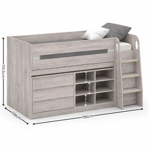 Vespa Grey Oak Mid Sleeper Bed with Integrated Desk, Storage Drawers, Shelving & Staircase - Sleek Furniture