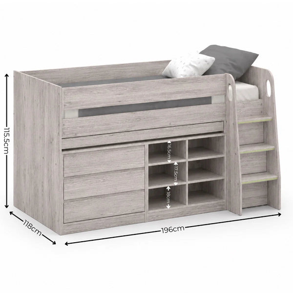 Vespa Grey Oak Mid Sleeper Bed with Integrated Desk, Storage Drawers, Shelving & Staircase - Sleek Furniture