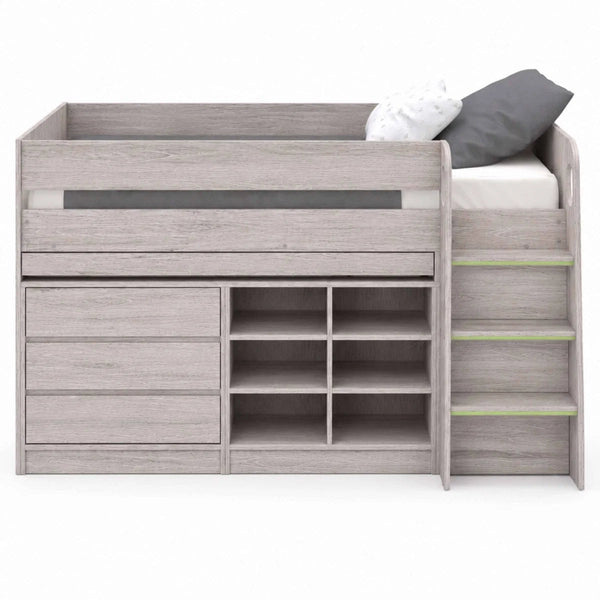 Vespa Grey Oak Mid Sleeper Bed with Integrated Desk, Storage Drawers, Shelving & Staircase - Sleek Furniture