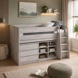 Vespa Grey Oak Mid Sleeper Bed with Integrated Desk, Storage Drawers, Shelving & Staircase - Sleek Furniture