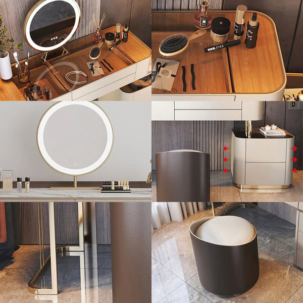 Vida Nevada Modern Dressing Table with Integrated Mirror – White Glass Top Vanity Table | MDF, Glass & Painted Steel Bedroom Furniture - Sleek Furniture