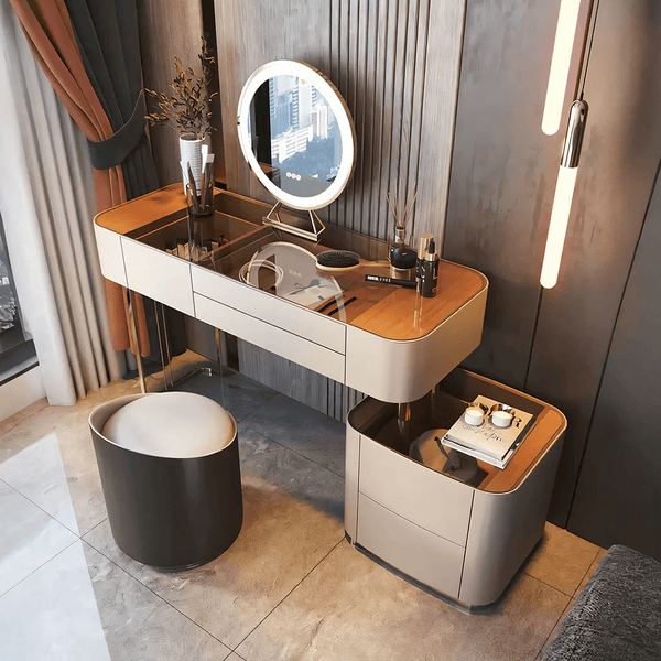 Vida Nevada Modern Dressing Table with Integrated Mirror – White Glass Top Vanity Table | MDF, Glass & Painted Steel Bedroom Furniture - Sleek Furniture