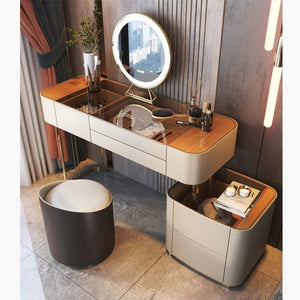 Vida Nevada Modern Dressing Table with Integrated Mirror – White Glass Top Vanity Table | MDF, Glass & Painted Steel Bedroom Furniture - Sleek Furniture