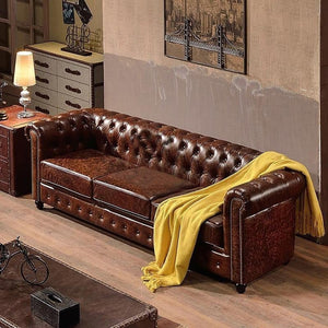 Vintage Chesterfield 3-Seater Sofa – Classic Button Tufted PU Leather Couch, Dark Brown Luxury Living Room Sofa with High Density Foam Cushions, Elegant Traditional Chesterfield Design - Sleek Furniture