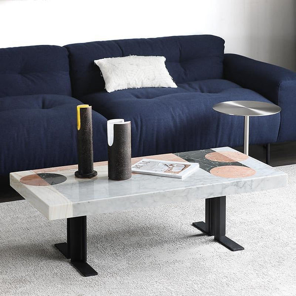Vogue Marble Coffee Table | Contemporary White & Black Round Center Table with Painted Steel Base | Modern Living Room Accent Furniture - Sleek Furniture