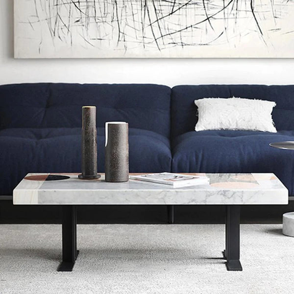 Vogue Marble Coffee Table | Contemporary White & Black Round Center Table with Painted Steel Base | Modern Living Room Accent Furniture - Sleek Furniture