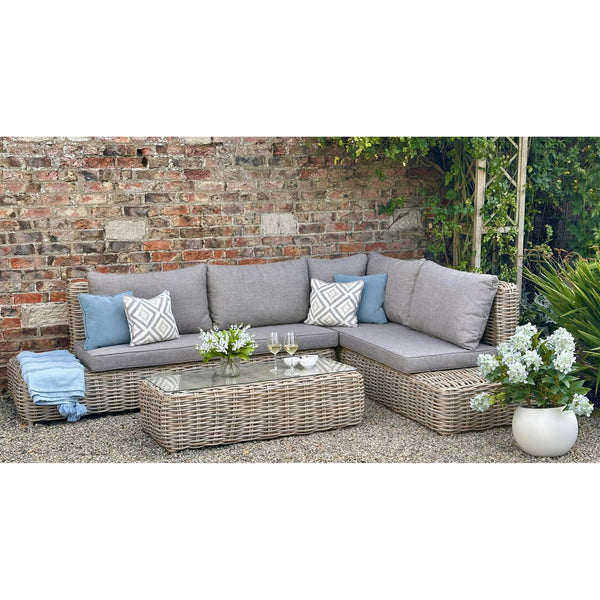 Amalfi Collection Outdoor Large Corner Set – Beige Fabric & Glass Table, Metal Frame, Weather-Resistant Synthetic Wicker - My Store
